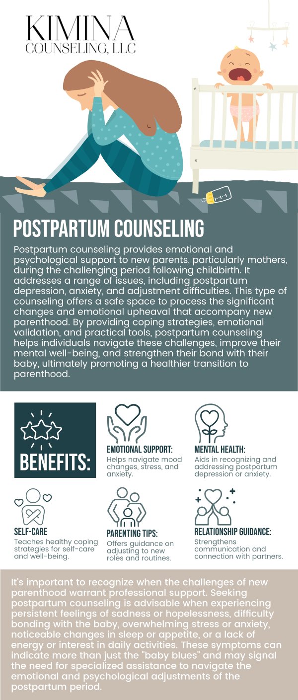 Common questions asked by patients: What is postpartum therapy and how can it help new mothers? When should I seek postpartum therapy after childbirth? How can postpartum therapy support mental health during the early stages of parenting? What are common mental health struggles during the postpartum period? At Kimina Counseling, LLC, our team of therapists provides support for new parents adjusting to the challenges of raising a child, focusing on mental health and emotional well-being. We help address issues like postpartum depression, anxiety, and relationship dynamics during the early stages of parenthood. For more information, contact us or schedule an appointment online. We are conveniently located at 7 Midstate Drive, Suite 202, Auburn, MA 01501. We serve patients from Auburn MA, North Oxford MA, Worcester MA, Grafton MA, South Worcester MA, Newton Square MA, and surrounding areas. Common questions asked by patients: What is postpartum therapy and how can it help new mothers? When should I seek postpartum therapy after childbirth? How can postpartum therapy support mental health during the early stages of parenting? What are common mental health struggles during the postpartum period?
At Kimina Counseling, LLC, our team of therapists provides support for new parents adjusting to the challenges of raising a child, focusing on mental health and emotional well-being. We help address issues like postpartum depression, anxiety, and relationship dynamics during the early stages of parenthood. For more information, contact us or schedule an appointment online. We are conveniently located at 7 Midstate Drive, Suite 202, Auburn, MA 01501. We serve patients from Auburn MA, North Oxford MA, Worcester MA, Grafton MA, South Worcester MA, Newton Square MA, and surrounding areas.