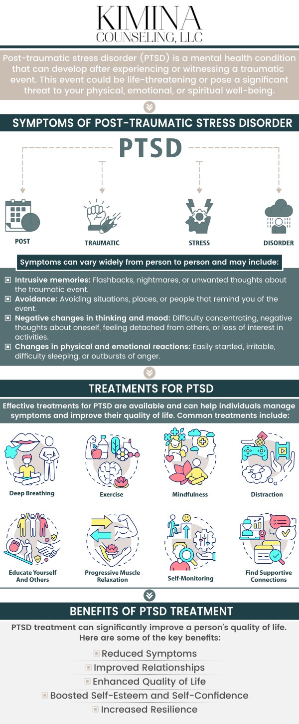 Common questions asked by patients: What is Post-Traumatic Stress Disorder (PTSD)? What causes PTSD? What are the common symptoms of PTSD? How is PTSD diagnosed? Can PTSD develop after any traumatic event? How long can PTSD last? Can PTSD be treated? Post-Traumatic Stress Disorder (PTSD) is a mental health condition triggered by experiencing or witnessing a traumatic event, leading to intense fear, anxiety, and distress. At Kimina Counseling, LLC, our team of therapists provides personalized support to help individuals manage and heal from the effects of PTSD. For more information, contact us or schedule an appointment online. We are conveniently located at 7 Midstate Drive, Suite 202, Auburn, MA 01501. We serve patients from Auburn MA, North Oxford MA, Worcester MA, Grafton MA, South Worcester MA, Newton Square MA, and surrounding areas. Common questions asked by patients: What is Post-Traumatic Stress Disorder (PTSD)? What causes PTSD? What are the common symptoms of PTSD? How is PTSD diagnosed? Can PTSD develop after any traumatic event? How long can PTSD last? Can PTSD be treated?
Post-Traumatic Stress Disorder (PTSD) is a mental health condition triggered by experiencing or witnessing a traumatic event, leading to intense fear, anxiety, and distress. At Kimina Counseling, LLC, our team of therapists provides personalized support to help individuals manage and heal from the effects of PTSD. For more information, contact us or schedule an appointment online. We are conveniently located at 7 Midstate Drive, Suite 202, Auburn, MA 01501. We serve patients from Auburn MA, North Oxford MA, Worcester MA, Grafton MA, South Worcester MA, Newton Square MA, and surrounding areas.