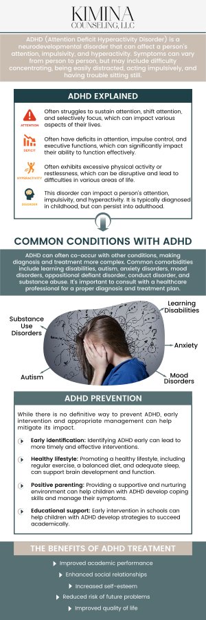 Attention-Deficit/Hyperactivity Disorder (ADHD) is a neurodevelopmental condition that affects focus, impulse control, and behavior regulation. At Kimina Counseling, LLC, our experienced therapists specialize in providing ADHD therapy for children and adults. We offer personalized treatment plans aimed at improving concentration, managing impulsivity, and developing effective coping strategies. For more information, contact us or schedule an appointment online. We are conveniently located at 7 Midstate Drive, Suite 202, Auburn, MA 01501. Attention-Deficit/Hyperactivity Disorder (ADHD) is a neurodevelopmental condition that affects focus, impulse control, and behavior regulation. At Kimina Counseling, LLC, our experienced therapists specialize in providing ADHD therapy for children and adults. We offer personalized treatment plans aimed at improving concentration, managing impulsivity, and developing effective coping strategies. For more information, contact us or schedule an appointment online. We are conveniently located at 7 Midstate Drive, Suite 202, Auburn, MA 01501.