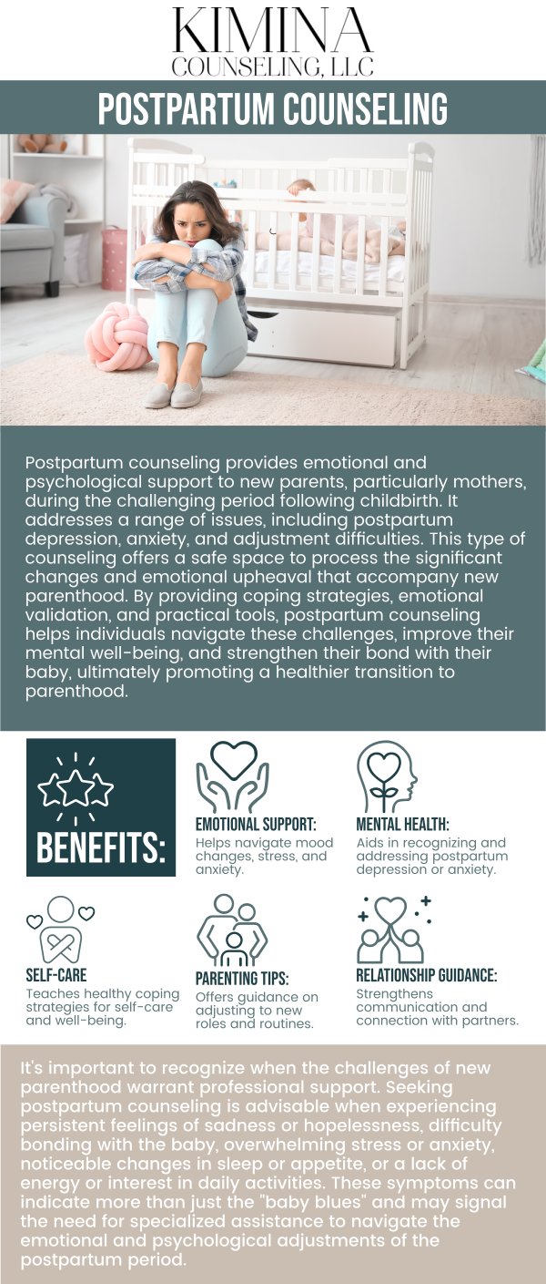 Postpartum depression is a common mental health condition that affects many new parents after childbirth. It can cause feelings of sadness, anxiety, and overwhelming fatigue, making it difficult to bond with your baby or manage daily tasks. Seeking professional support, like the compassionate care offered by Kimberly Sanchez, LMHC, and Amina Mazzara, LMHC, at Kimina Counseling, LLC, can help you navigate this challenging time and begin the path to healing. For more information, contact us or schedule an appointment online. We are conveniently located at 7 Midstate Drive, Suite 202, Auburn, MA 01501. Postpartum depression is a common mental health condition that affects many new parents after childbirth. It can cause feelings of sadness, anxiety, and overwhelming fatigue, making it difficult to bond with your baby or manage daily tasks. Seeking professional support, like the compassionate care offered by Kimberly Sanchez, LMHC, and Amina Mazzara, LMHC, at Kimina Counseling, LLC, can help you navigate this challenging time and begin the path to healing. For more information, contact us or schedule an appointment online. We are conveniently located at 7 Midstate Drive, Suite 202, Auburn, MA 01501.