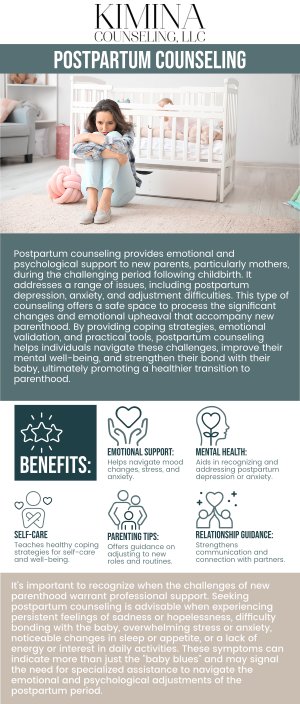 Postpartum depression is a common mental health condition that affects many new parents after childbirth. It can cause feelings of sadness, anxiety, and overwhelming fatigue, making it difficult to bond with your baby or manage daily tasks. Seeking professional support, like the compassionate care offered by Kimberly Sanchez, LMHC, and Amina Mazzara, LMHC, at Kimina Counseling, LLC, can help you navigate this challenging time and begin the path to healing. For more information, contact us or schedule an appointment online. We are conveniently located at 7 Midstate Drive, Suite 202, Auburn, MA 01501. Postpartum depression is a common mental health condition that affects many new parents after childbirth. It can cause feelings of sadness, anxiety, and overwhelming fatigue, making it difficult to bond with your baby or manage daily tasks. Seeking professional support, like the compassionate care offered by Kimberly Sanchez, LMHC, and Amina Mazzara, LMHC, at Kimina Counseling, LLC, can help you navigate this challenging time and begin the path to healing. For more information, contact us or schedule an appointment online. We are conveniently located at 7 Midstate Drive, Suite 202, Auburn, MA 01501.