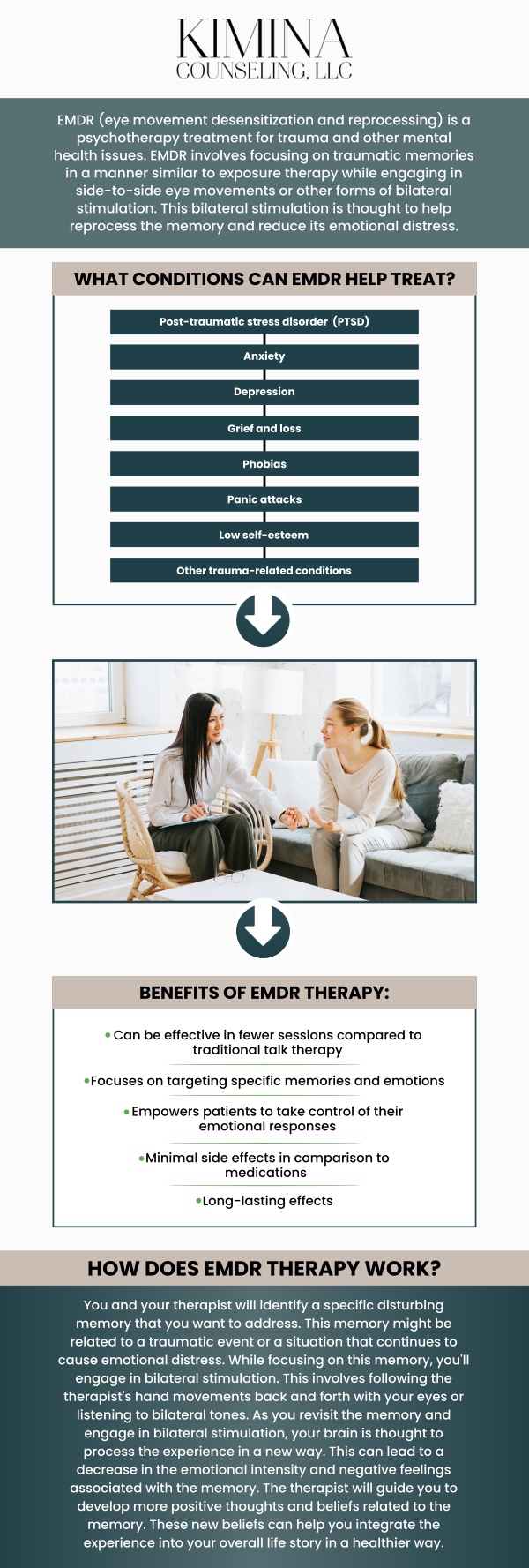 EMDR (Eye Movement Desensitization and Reprocessing) is a proven therapeutic technique used to help individuals process traumatic memories and emotional distress. At Kimina Counseling, LLC, Kimberly Sanchez, LMHC, and Amina Mazzara, LMHC, specialize in EMDR therapy to provide effective relief from trauma, PTSD, anxiety, and other emotional challenges. Our therapists offer a compassionate, safe environment where you can work through difficult experiences and regain control of your life with the help of EMDR therapy. For more information, contact us or schedule an appointment online. We are conveniently located at 7 Midstate Drive, Suite 202, Auburn, MA 01501. EMDR (Eye Movement Desensitization and Reprocessing) is a proven therapeutic technique used to help individuals process traumatic memories and emotional distress. At Kimina Counseling, LLC, Kimberly Sanchez, LMHC, and Amina Mazzara, LMHC, specialize in EMDR therapy to provide effective relief from trauma, PTSD, anxiety, and other emotional challenges. Our therapists offer a compassionate, safe environment where you can work through difficult experiences and regain control of your life with the help of EMDR therapy. For more information, contact us or schedule an appointment online. We are conveniently located at 7 Midstate Drive, Suite 202, Auburn, MA 01501.