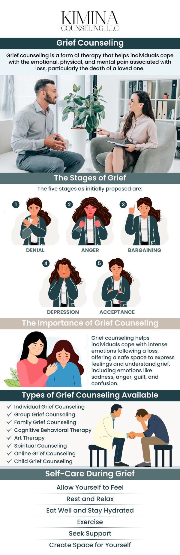 Professional grief counseling is crucial for individuals coping with loss in Auburn, MA. At Kimina Counseling, LLC, our experienced therapists, Kimberly Sanchez, LMHC, and Amina Mazzara, LMHC, provide a safe space to process grief, whether from the death of a loved one, a significant life change, or other forms of loss. With personalized care, our counselors support clients through each stage of grief, helping them find healing and peace. For more information, contact us or schedule an appointment online. We are conveniently located at 7 Midstate Drive, Suite 202, Auburn, MA 01501.