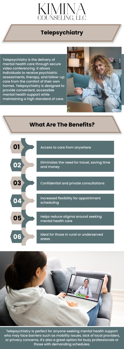 Telehealth therapy offers a convenient way to receive professional mental health support from a private and comfortable location. It can be helpful for individuals managing anxiety, depression, trauma-related concerns, relationship stress, life transitions, or demanding schedules that make in-person visits difficult. At Kimina Counseling LLC, Kimberly Sanchez, LMHC, and Amina Mazzara, LMHC, provide personalized telehealth therapy services designed around each client’s concerns, preferences, and treatment goals. Our team focuses on creating a supportive virtual environment where clients can communicate openly, develop practical coping strategies, and work toward improved emotional well-being. For more information, contact us or schedule an appointment online. We are conveniently located at 7 Midstate Drive, Suite 202, Auburn, MA 01501.